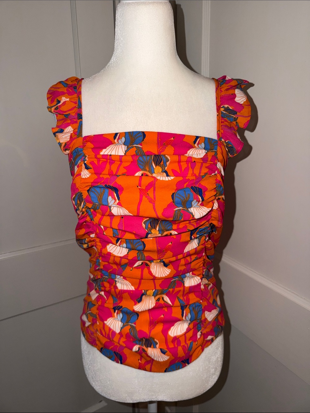 NWOT Women’s Orange Pink Beach Floral Ruffle Strap Camisole Small
